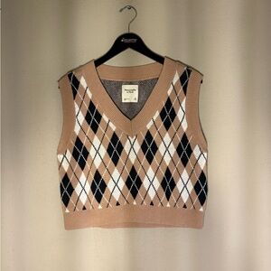 Y2k Abercrombie & Fitch Cropped Sweater Vest Argyle Knit Tan Black White-Medium